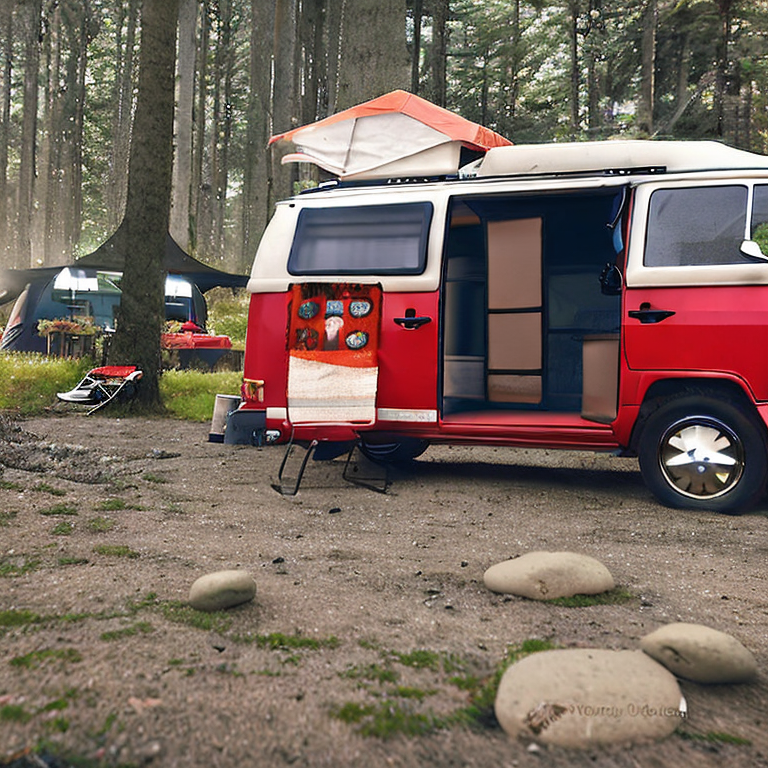 A bright red VW campervan rests beside a cozy campfire on a foggy California coast. Camping chairs, smooth stones, and patches of gravel surround the sandy campsite, while a nearby tent glows softly inside.