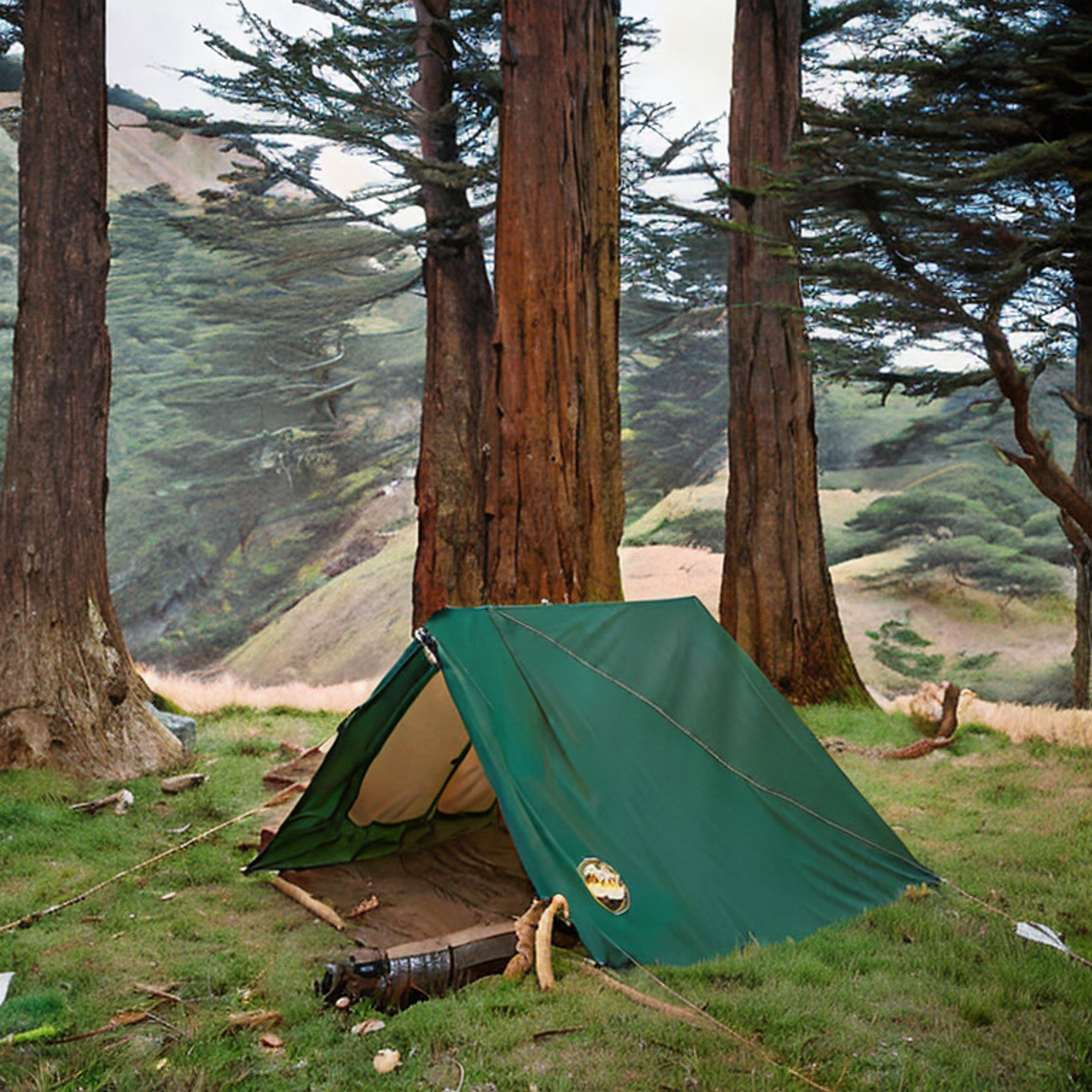 A green tent rests on a quiet dirt campsite beneath a star-filled, stormy sky. Rolling hills and dark forest surround the warm campfire, with a wooden guitar and large log nearby.