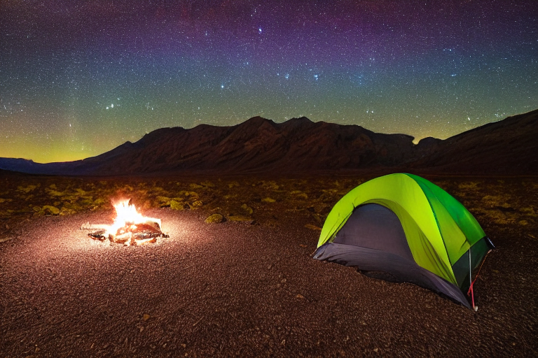 A cozy blue-gray tent rests beside a warm campfire under the glowing northern lights. Large bushes, ferns, and rocky gravel surround the campsite as storm clouds gather overhead.