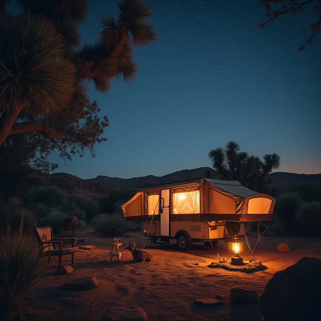 A cozy brown camper rests beside a desert oasis as dusk settles in. A lantern glows on the stony ground, while a deer wanders in the distance beneath a star-filled sky.