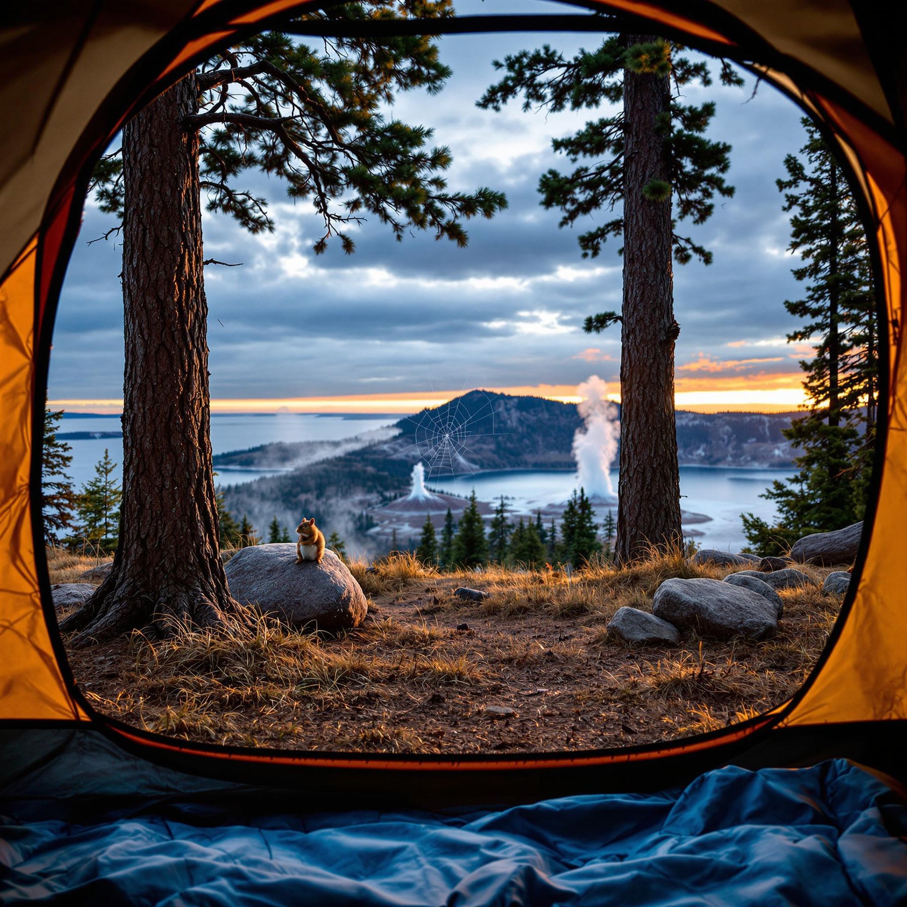 Wake up to a peaceful forest with a sparkling lake and a geyser shooting into the sky. A curious squirrel sits on a rock as the sun begins to rise. This campsite feels cozy, wild, and full of adventure!