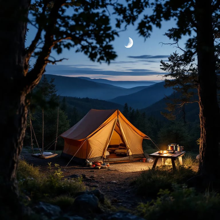 A cozy tent rests among the trees beneath a crescent moon. Rolling hills and a small waterfall add peaceful sounds nearby, while a rope swing hangs from a sturdy branch. A camping stove sits ready on a picnic table beside the dusty campsite.