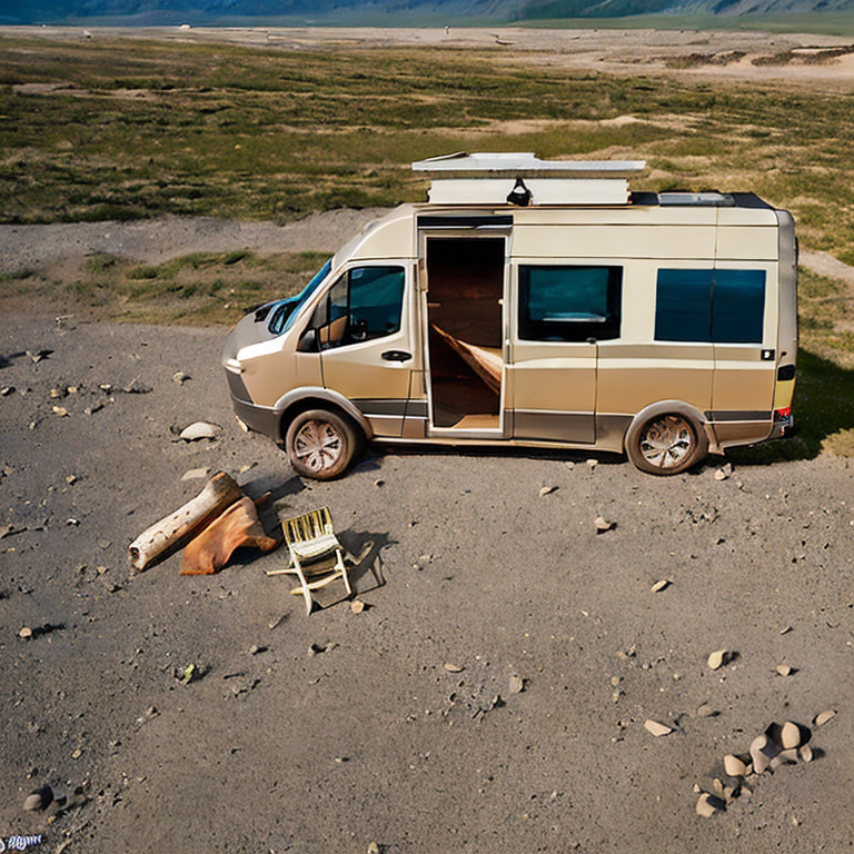 A green and tan camper van rests at a sunny campsite on the wide Idaho plains. Gravel and dirt surround a small campfire, a large log, and cozy camping chairs.