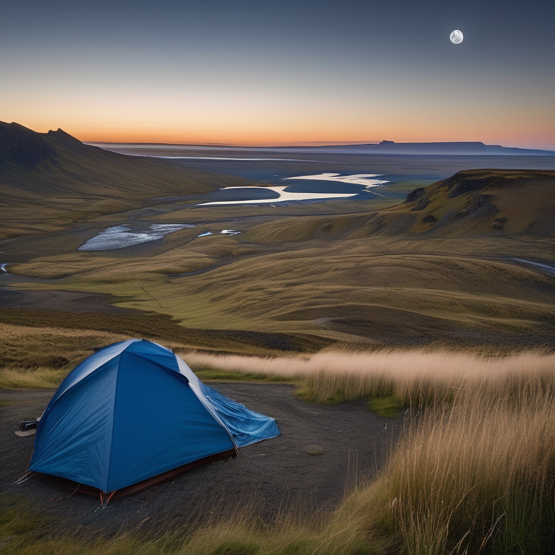 A blue and gray tent rests on a dirt clearing, surrounded by tall grass and leafy bushes. A small campfire warms the quiet campsite as the sun rises over Iceland’s rolling hills. The pale moon still hangs in the clear morning sky.