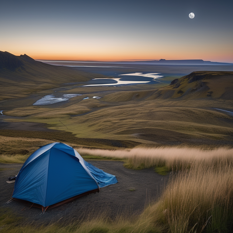 A blue and gray tent rests on a dirt clearing, surrounded by tall grass and leafy bushes. A small campfire warms the quiet campsite as the sun rises over Iceland’s rolling hills. The pale moon still hangs in the clear morning sky.