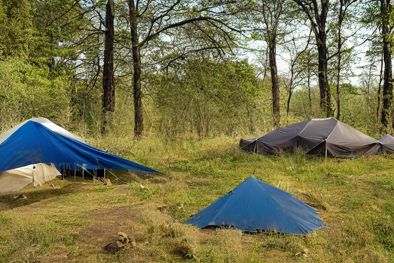 A tan tent rests on a sunny dirt campsite beside a peaceful creek. Gravel, fallen leaves, and rough ground give the spot a wild, natural feel.