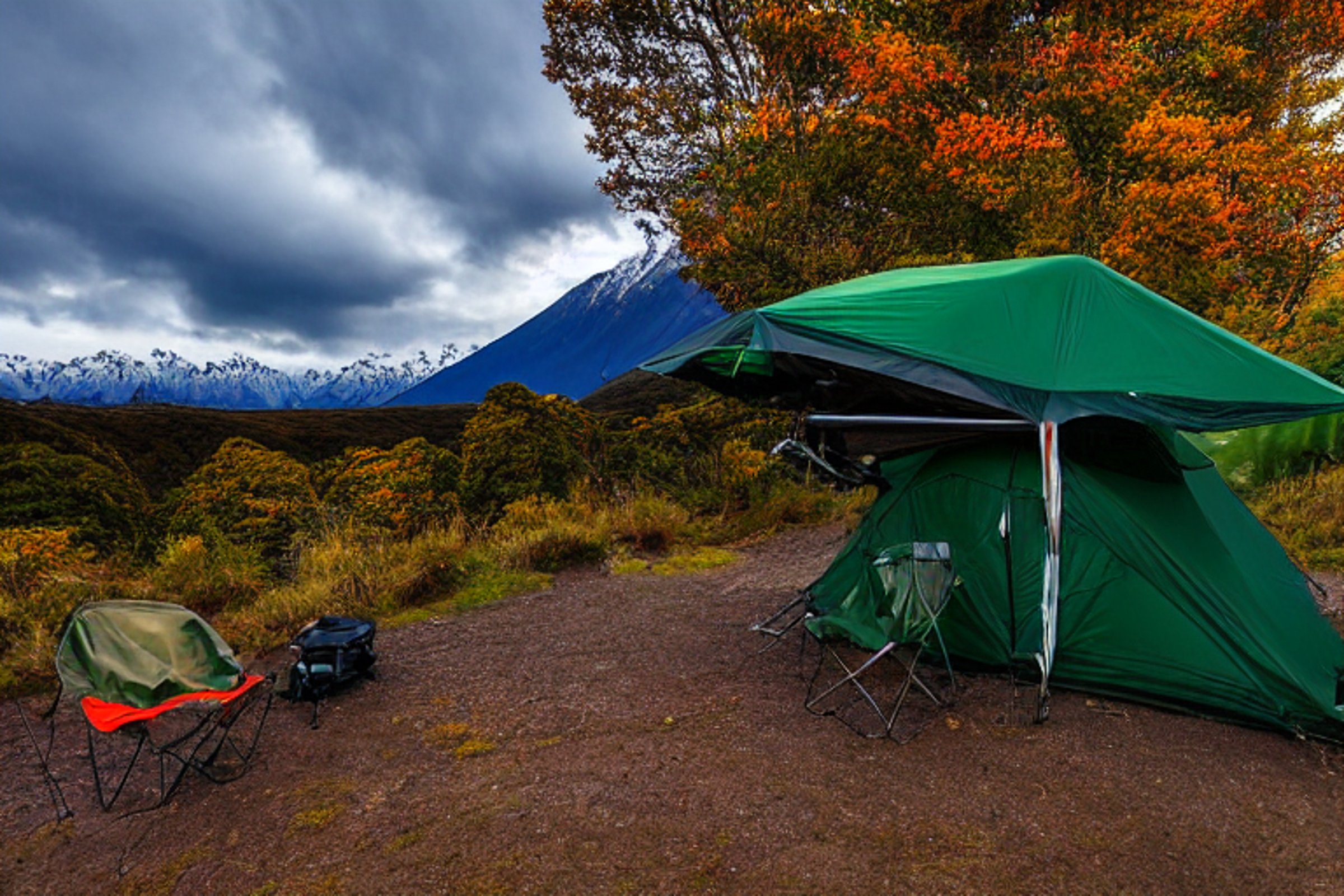 A green Subaru with a rooftop tent rests in a quiet forest campsite at night. Autumn-colored trees surround the dirt clearing, while a gentle stream flows nearby. Camping chairs sit under the cloudy sky, creating a peaceful outdoor retreat.