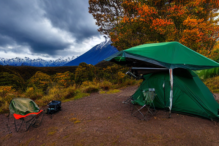 A green Subaru with a rooftop tent rests in a quiet forest campsite at night. Autumn-colored trees surround the dirt clearing, while a gentle stream flows nearby. Camping chairs sit under the cloudy sky, creating a peaceful outdoor retreat.
