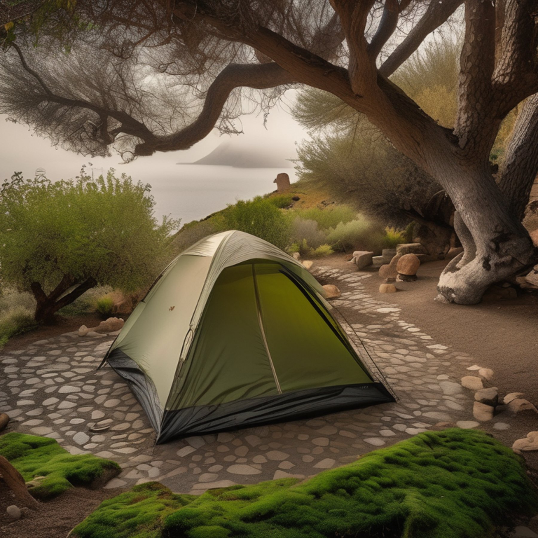 A green and tan tent rests on a paved campsite in foggy Santorini. Mossy trees, smooth stones, and a small stream create a cool, peaceful setting around the open dirt patch.