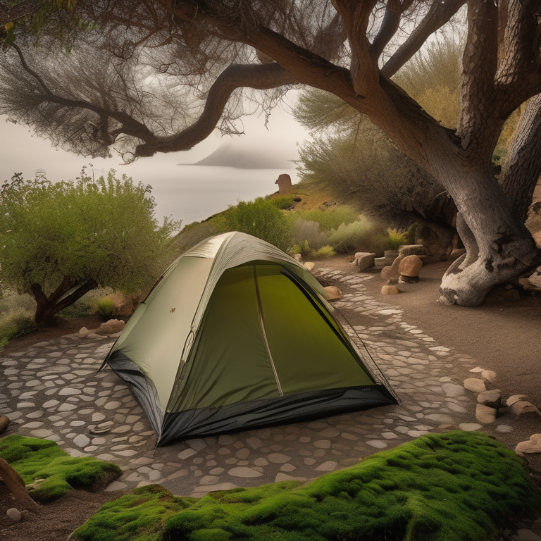 A green and tan tent rests on a paved campsite in foggy Santorini. Mossy trees, smooth stones, and a small stream create a cool, peaceful setting around the open dirt patch.