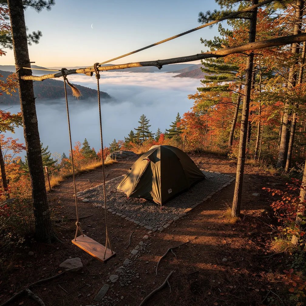 A small green tent sits on a pine-needle clearing high above a misty valley. Warm sunset light glows through tall trees with green needles and bright fall leaves. A rope swing hangs from a thick old branch, and the whole place feels quiet and magical.