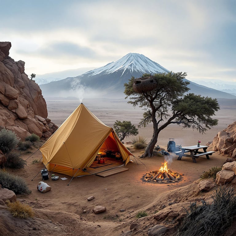 Nestled between rocky cliffs, a cozy yellow tent sits under a vast sky with a snowy mountain in the distance. A crackling campfire and a lone tree add warmth to the desert landscape. It's a perfect spot for peaceful adventures and starry nights.