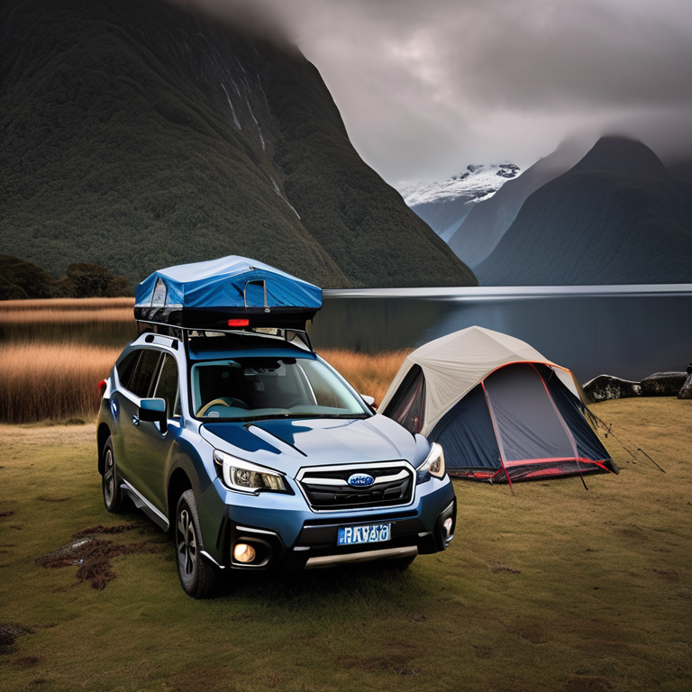 A gray and blue Subaru sits on a paved campsite in Milford Sound, with its rooftop tent open for the night. Boulders, a clothesline of drying clothes, and a dirt patch surround the camp as misty mountains fade into the sunset.