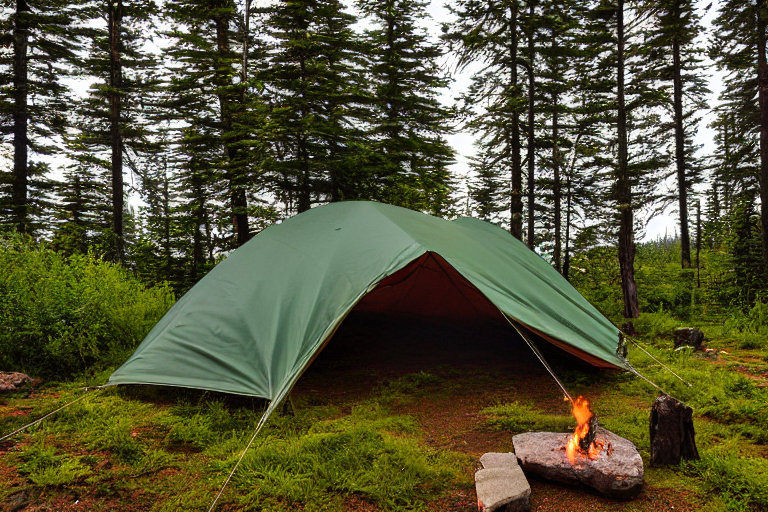 A forest-green tent rests on a rough campsite surrounded by ferns and large stone slabs. A wooden guitar lies nearby as the cloudy sunset casts a soft glow through the trees.