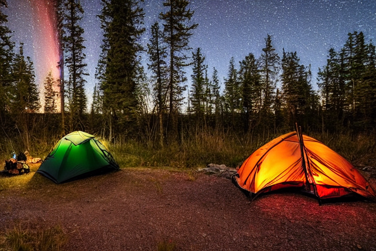 A cozy tent rests beside a glowing campfire on a quiet beach campsite. A small stream winds through the stones and fallen leaves, while colorful trees frame the scene. Above, bright northern lights shimmer across the night sky.