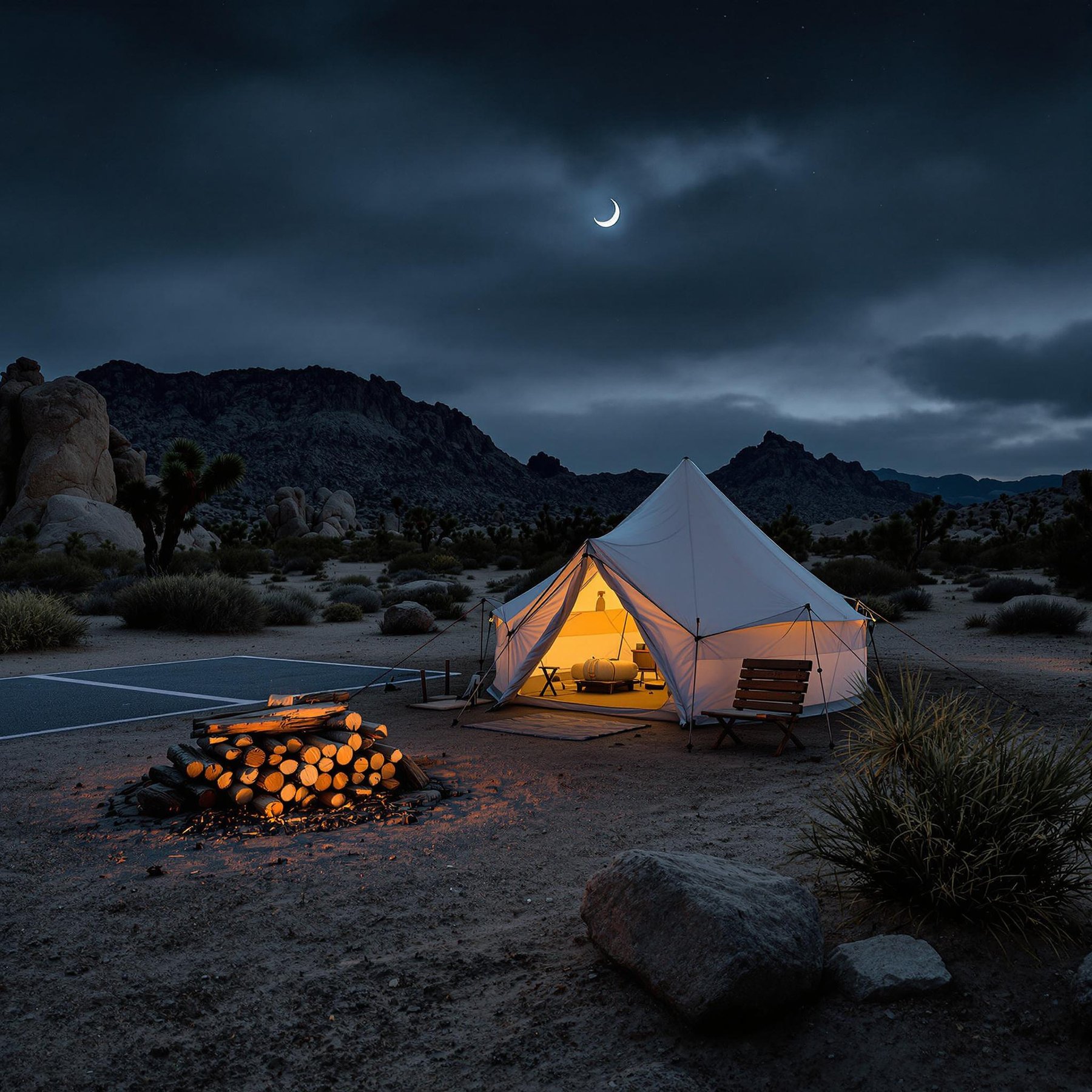 A white tent rests among large stone slabs beneath a cloudy night sky. A crescent moon glows above the quiet Joshua Tree landscape, while a small campfire warms the campsite. Stacked firewood and sturdy tent stakes sit nearby.