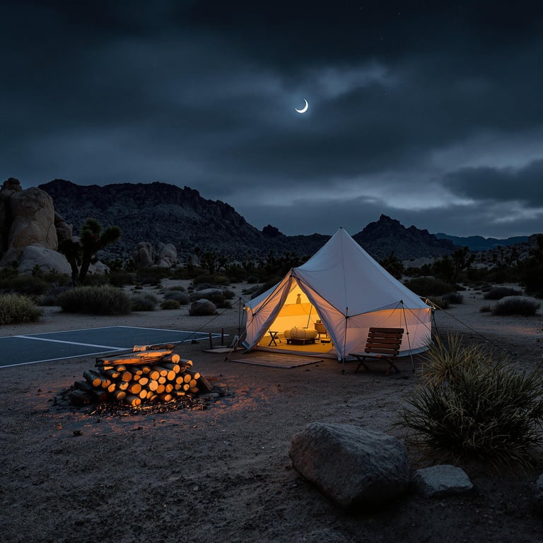 A white tent rests among large stone slabs beneath a cloudy night sky. A crescent moon glows above the quiet Joshua Tree landscape, while a small campfire warms the campsite. Stacked firewood and sturdy tent stakes sit nearby.