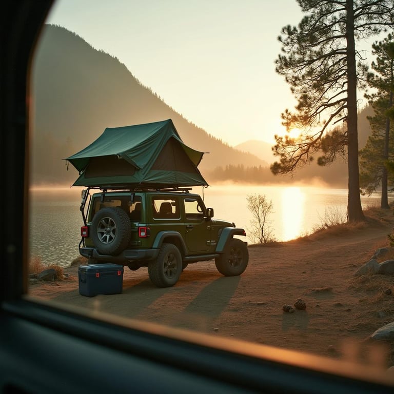 A forest green Jeep with an open rooftop tent rests beside a calm lake. Golden light shines through the pine trees as fog drifts across the valley. A cooler, pine cones, and a dirt trail add to this peaceful campsite.