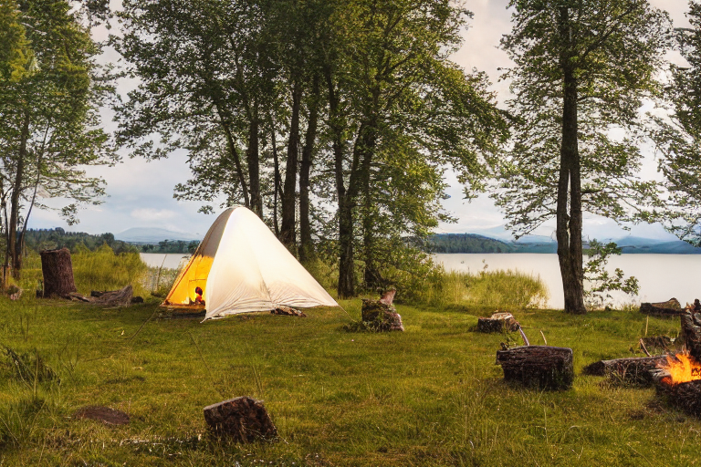A white tent rests beside a quiet lake on a sunny day. Tall grass, rolling hills, and a dirt hiking path surround the paved campsite. Nearby, logs sit around a stone-lined campfire.