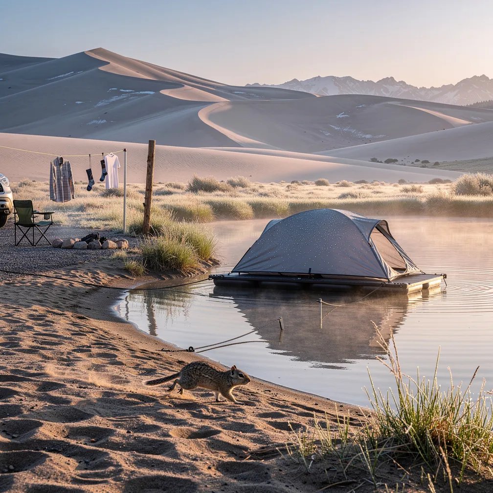 A calm pond sits at the edge of tall sand dunes, with thin mist floating in the cool sunrise air. A slate-gray tent rests on the water, tied near the sandy shore as dew sparkles on the grass. Nearby, a simple clothesline flutters softly, and a quick little ground squirrel darts across the sand.