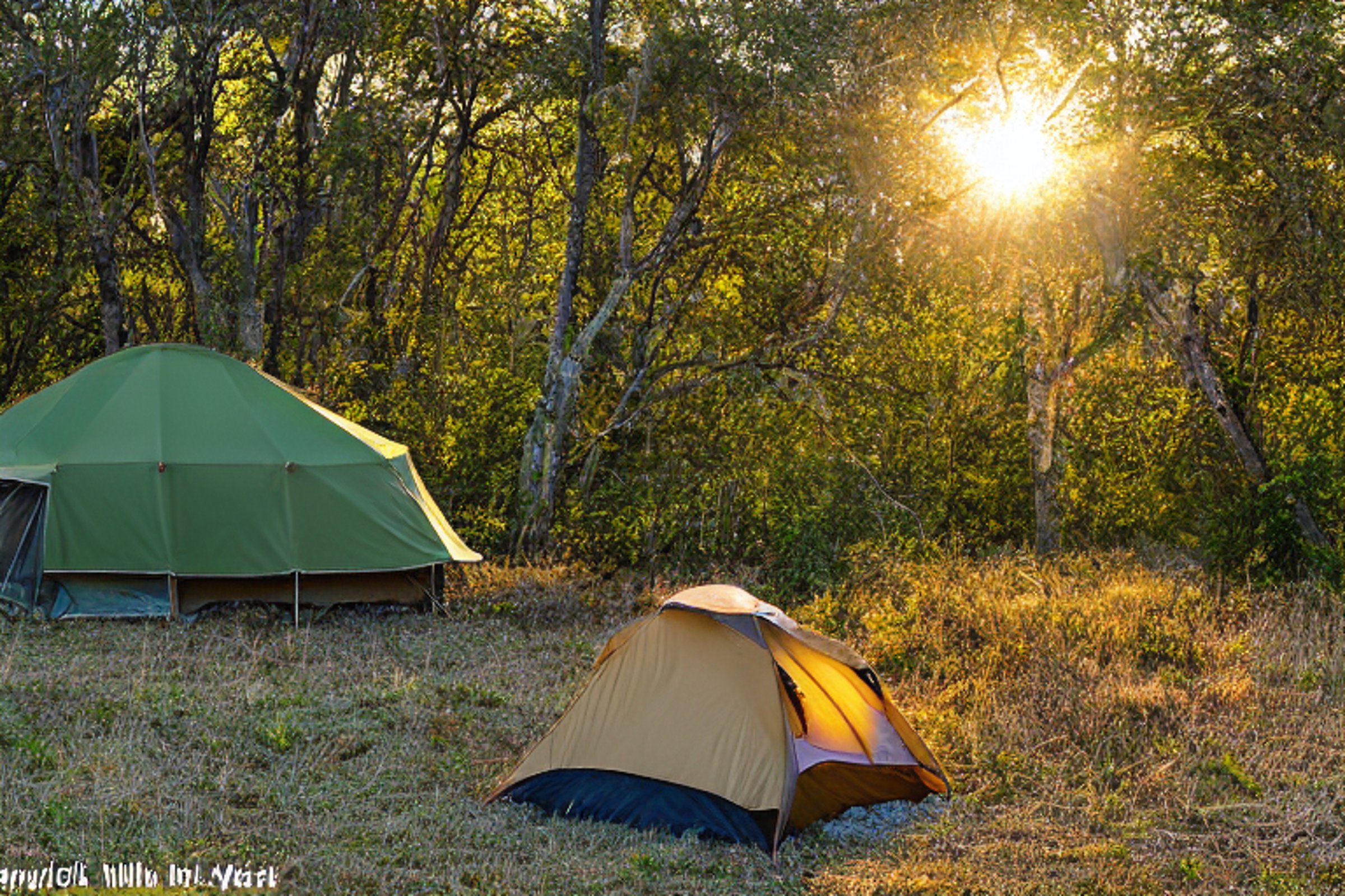A green and tan tent rests on a dirt campsite in Biscayne National Park. Camping chairs and a picnic table sit nearby as golden light shines through the snowy air. A deer stands quietly in the distance.