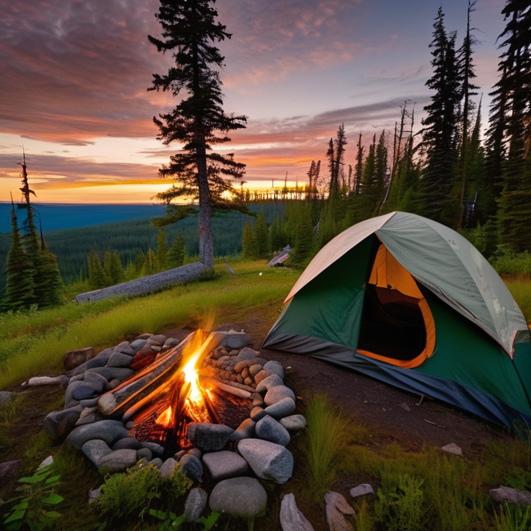 A green camo tent rests on a muddy campsite in Isle Royale National Park. A warm campfire glows beside camping chairs, while wet clothes hang from a nearby line. Misty mountains rise in the rainy dusk.
