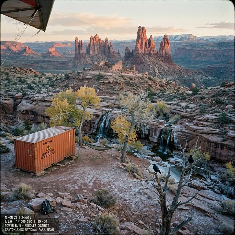 A quiet campsite rests among rough red rocks and cottonwood trees. An orange cabin, a hammock, and a backpack sit beneath pink-lit sandstone cliffs. Frost sparkles on the ground while ravens watch from a dead tree.