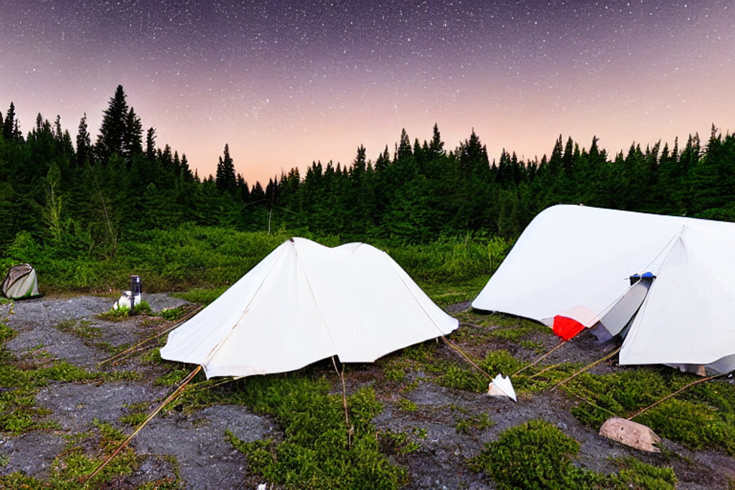 A white tent rests on a quiet paved campsite along the Maine coast. Ferns and small flowers grow around a patch of dirt, while camping gear sits nearby. Above, clouds drift past the moon and a sky full of stars.