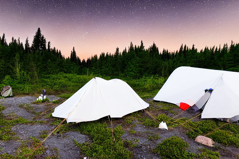 A white tent rests on a quiet paved campsite along the Maine coast. Ferns and small flowers grow around a patch of dirt, while camping gear sits nearby. Above, clouds drift past the moon and a sky full of stars.