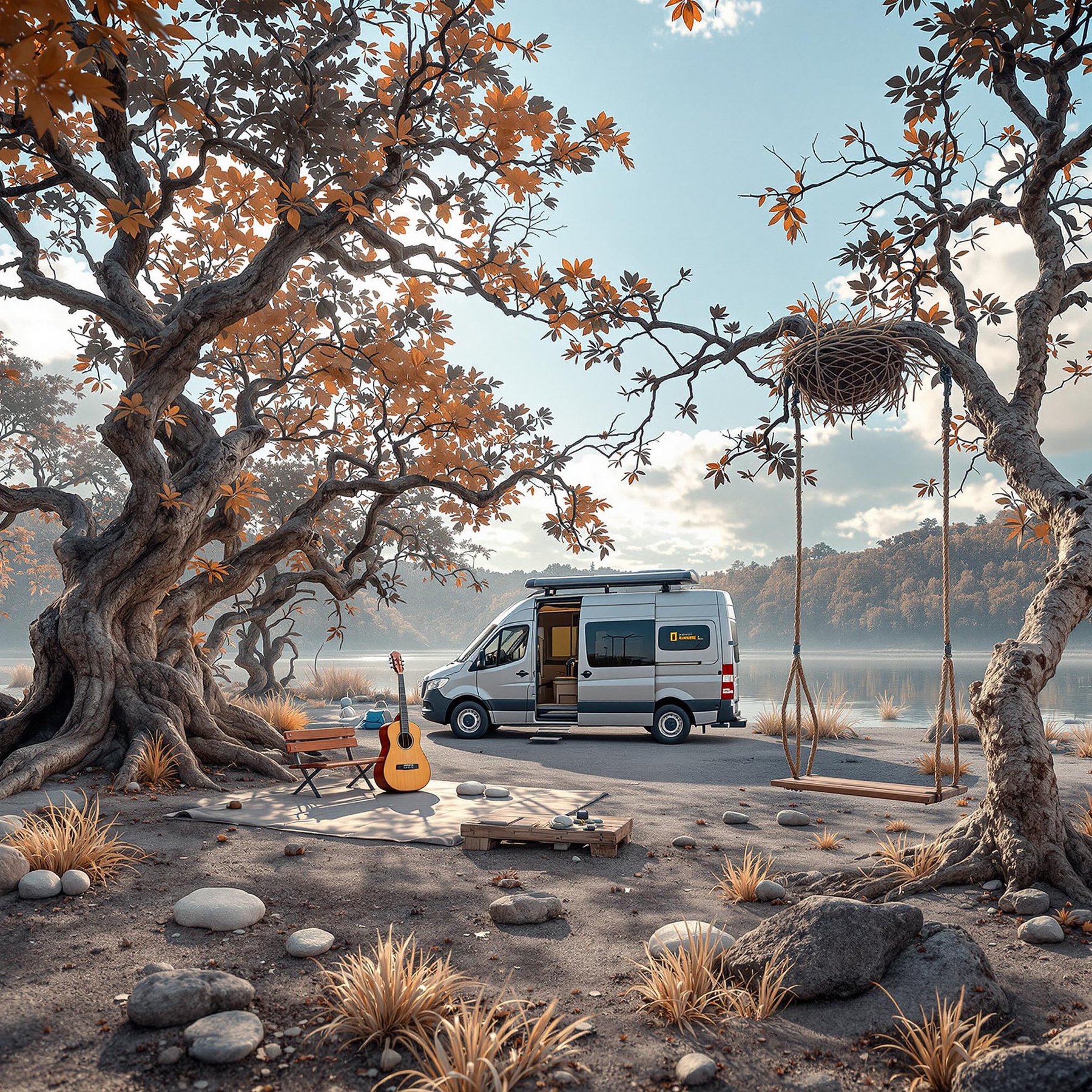 A gray-blue camper van rests in a quiet mangrove swamp. A guitar and smooth stones sit nearby, while a rope swing hangs from a sturdy tree. Birds nest in the branches as warm afternoon light fills the humid air.