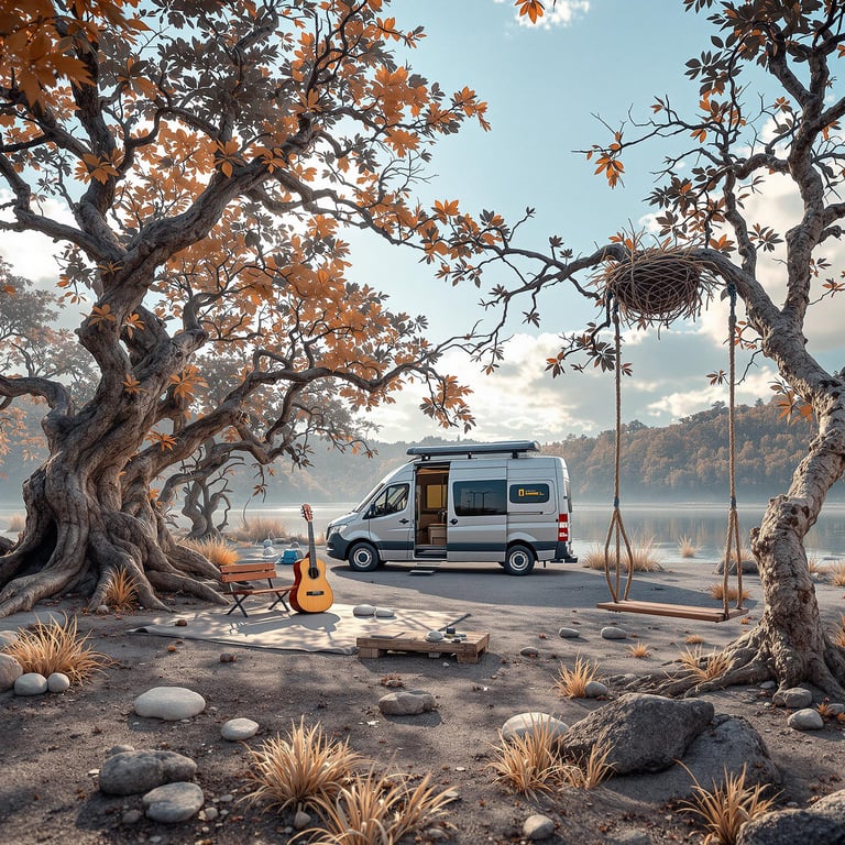 A gray-blue camper van rests in a quiet mangrove swamp. A guitar and smooth stones sit nearby, while a rope swing hangs from a sturdy tree. Birds nest in the branches as warm afternoon light fills the humid air.