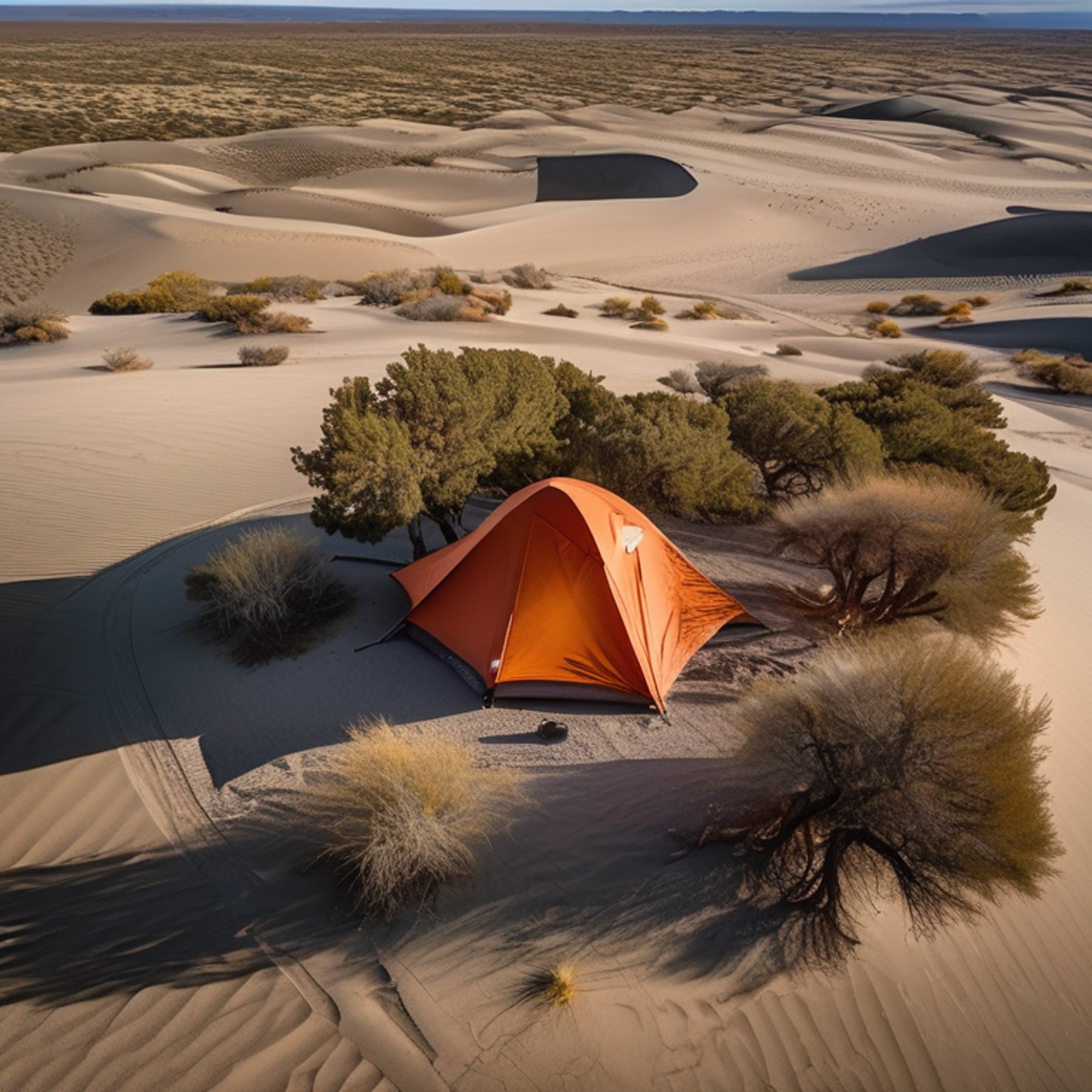 An orange tent sits on a paved campsite as soft sunrise light shines through the fog. Bushes, stone slabs, and dirt surround the area, with camping chairs nearby.