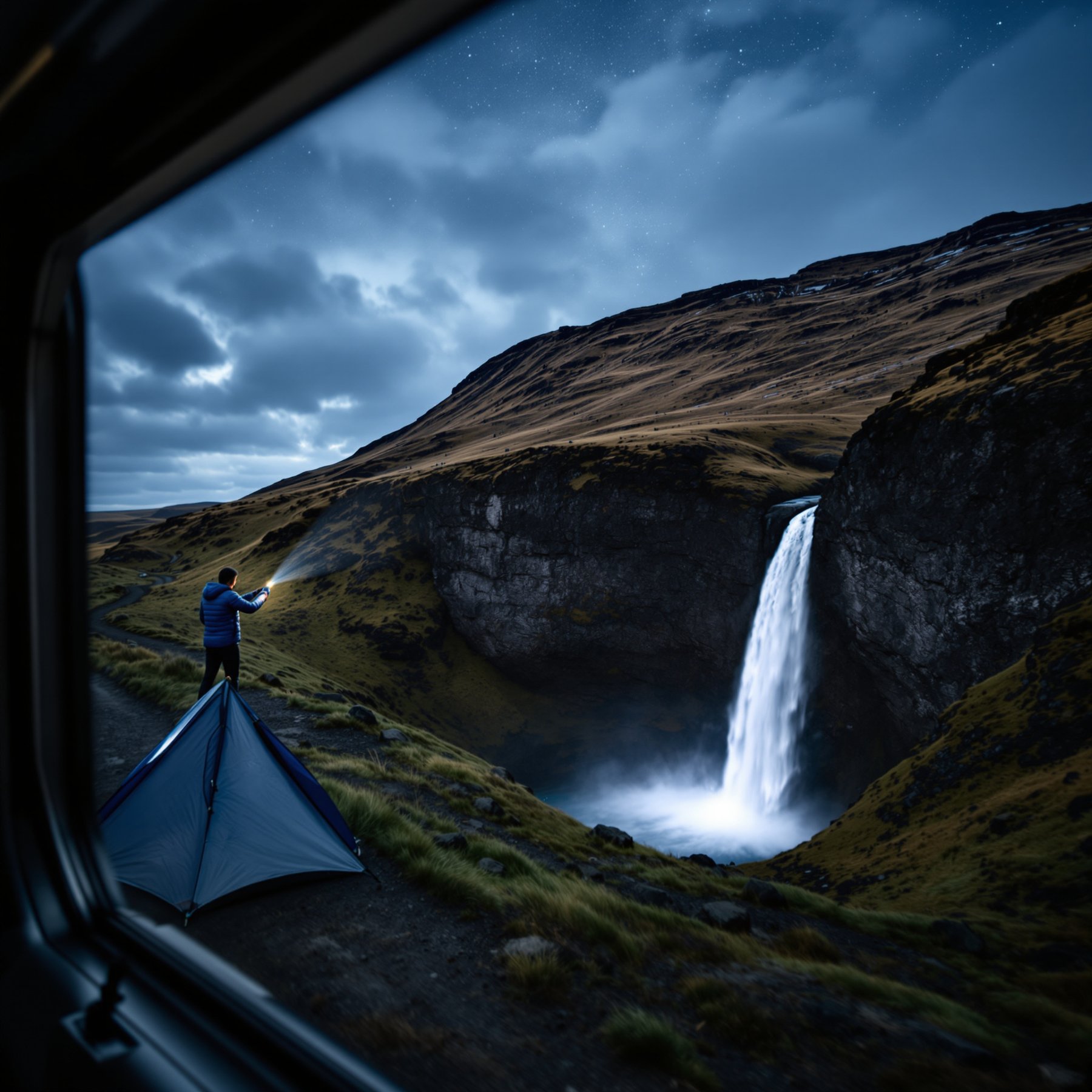 Camp under the stars beside a tall, roaring waterfall. The cool night air and sound of rushing water make this spot feel magical. Bright hills and a peaceful sky complete the adventure.