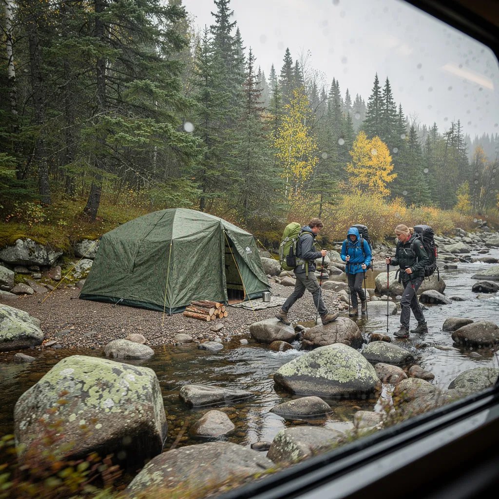 A green camo tent sits on rocky ground beside a shallow stream, surrounded by tall pine and spruce trees. The sky is gray and the light feels soft and quiet, with wet stones shining near the water. A few hikers hop across the rocks, and the scene looks like a quick glimpse from a train window.