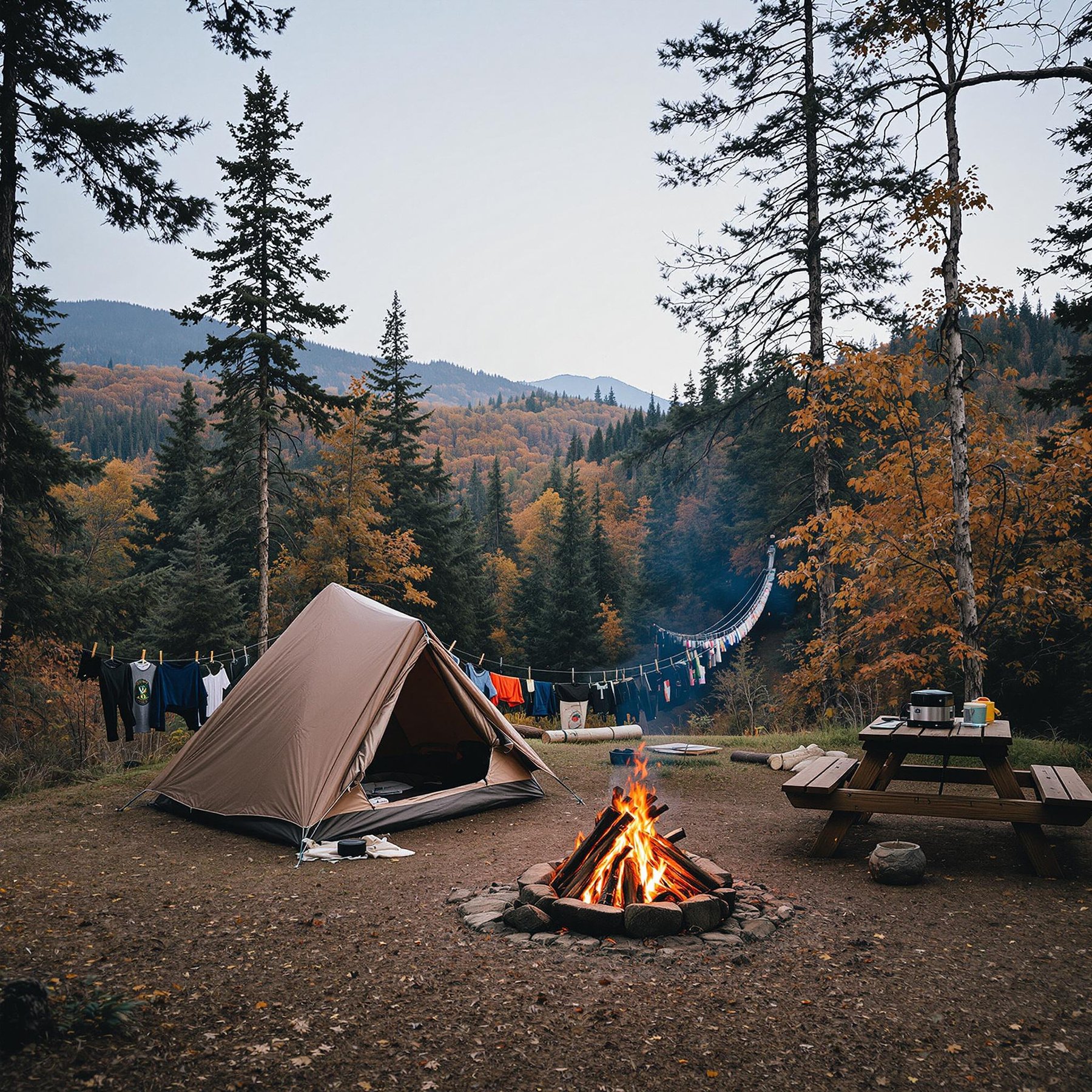 Camp beside a crackling fire in a quiet forest surrounded by tall trees and colorful leaves. A tent sits near a picnic table, with clothes drying on a line. Enjoy the peaceful view of the mountains and a hanging bridge in the distance.