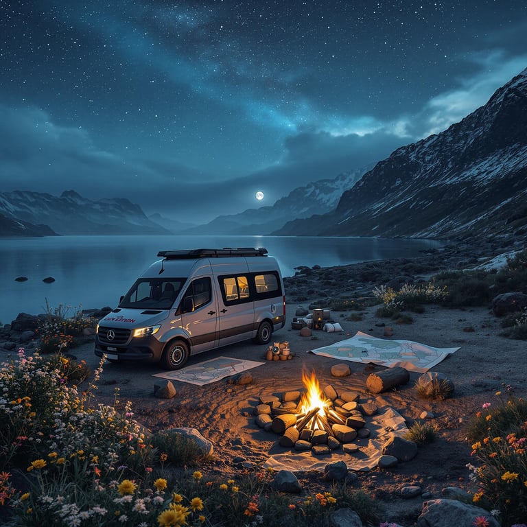 This cozy campsite sits by a calm lake with tall mountains all around. A warm campfire glows under a sky full of bright stars. Wildflowers bloom nearby, making it a perfect place for a peaceful night outside.