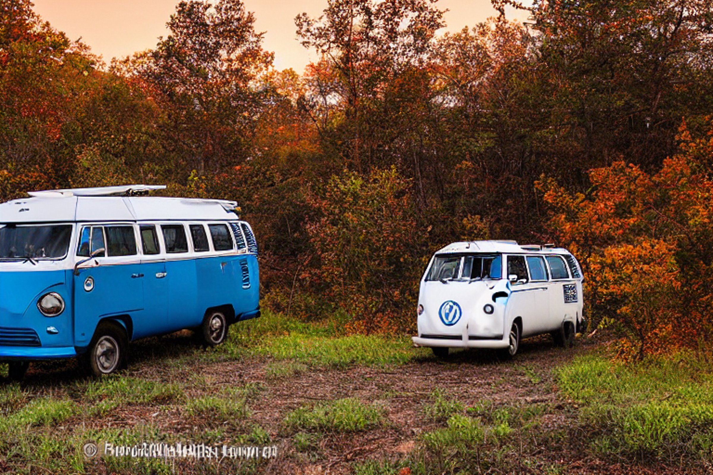 A blue camper van rests on a quiet dirt campsite beneath colorful fall trees. Warm sunset light shines on nearby boulders and a box of camping gear, while hikers explore the clear Ozark landscape.