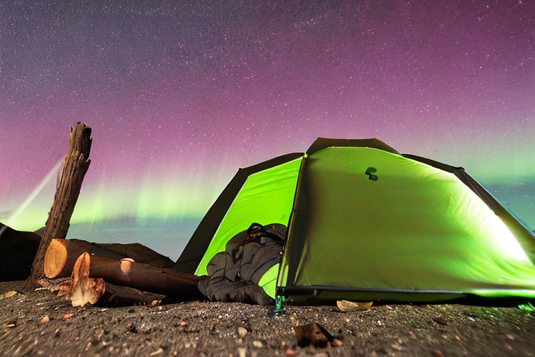 A green camo tent rests on a quiet gravel campsite beneath glowing northern lights. A warm campfire flickers nearby, with tall mountains rising in the distance. A soft light shines from inside the tent, making the dark night feel cozy.