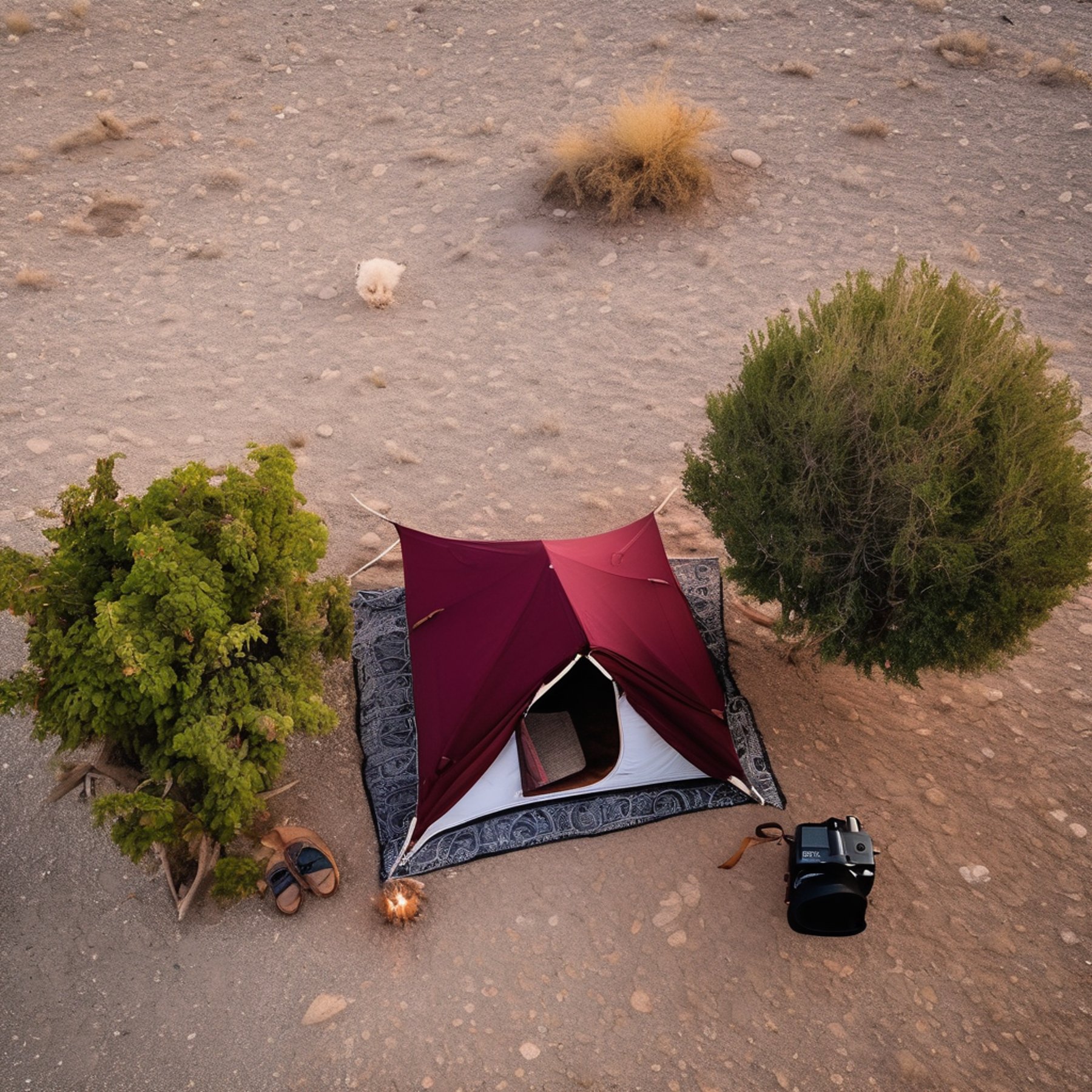 A burgundy tent rests on a rocky patch in Santorini as dusk settles in. A lantern and wooden guitar sit nearby, while binoculars hang from a tree branch. Far away, a hot air balloon drifts through the warm, humid sky.