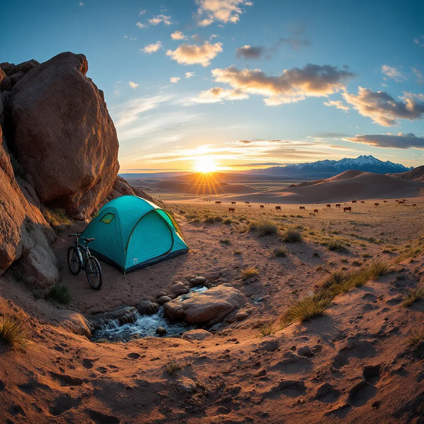 A bright turquoise tent rests among the golden dunes at sunset. A small waterfall, large rock, animal tracks, and a parked bicycle add charm to the camp. Far away, wild horses graze in the breeze.