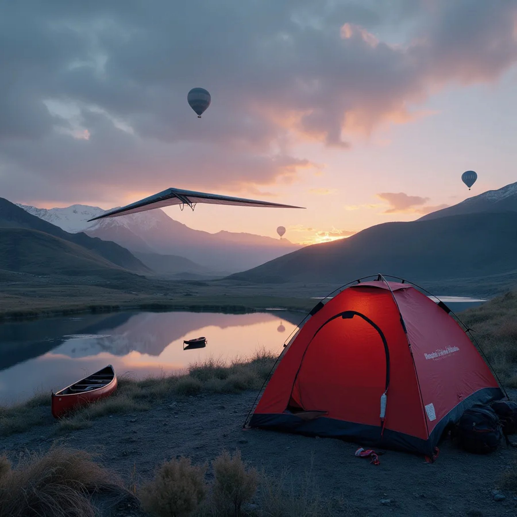A red and white tent rests beside a still pond as snow falls at twilight. A canoe and backpack sit on the dirt nearby, with rolling hills stretching into the distance. Far away, a hot air balloon drifts across the quiet sky.
