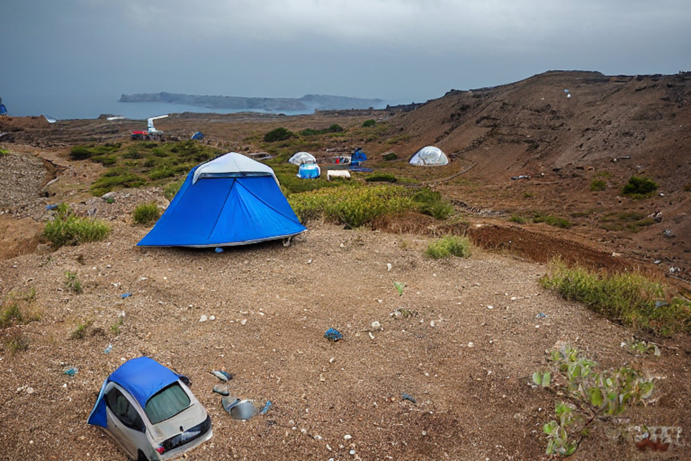A blue Subaru with a rooftop tent rests at a sunny dirt campsite in Santorini. Gravel patches, small flowers, and camping gear surround the car. Dark storm clouds fill the sky, creating a wild and peaceful mood.