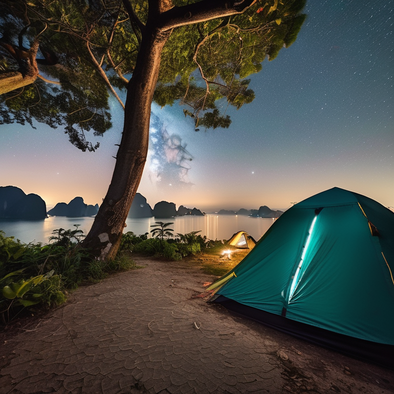 A teal tent rests on a paved campsite beneath a clear, star-filled sky in Halong Bay. Overgrown grass, a dirt path, camping gear, and a large log surround the warm campfire.