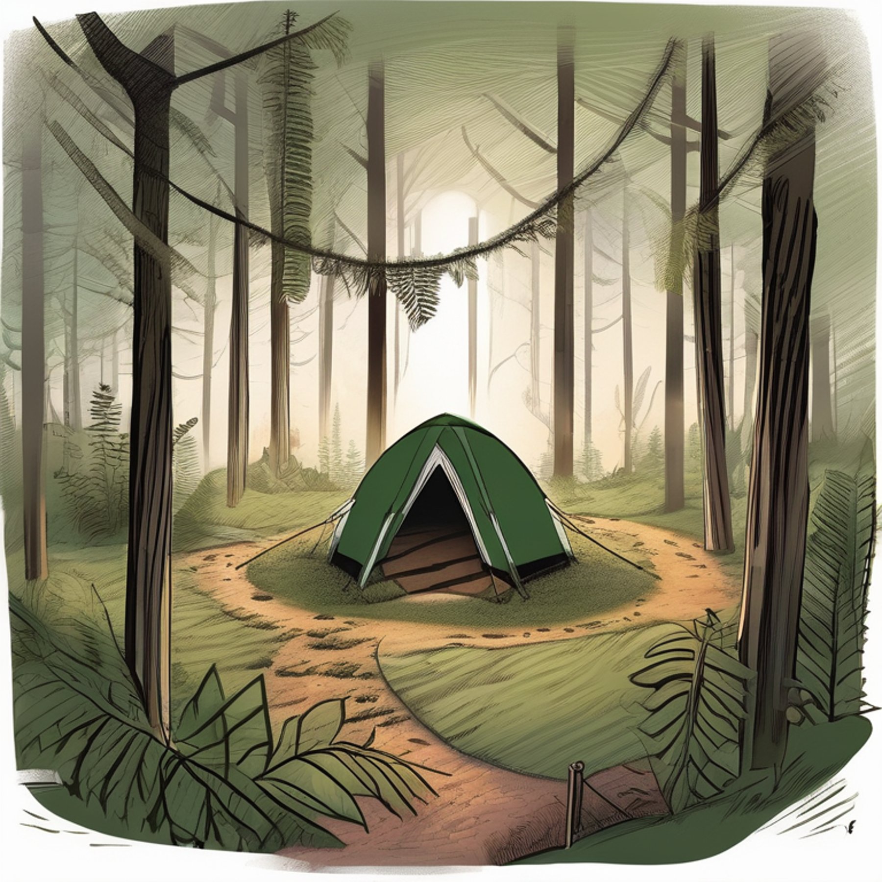 A green tent rests on a paved campsite beside a quiet lake. Ferns surround the dirt and picnic table as soft sunrise light shines through the fog. In the distance, a camper holds a flashlight among the trees.