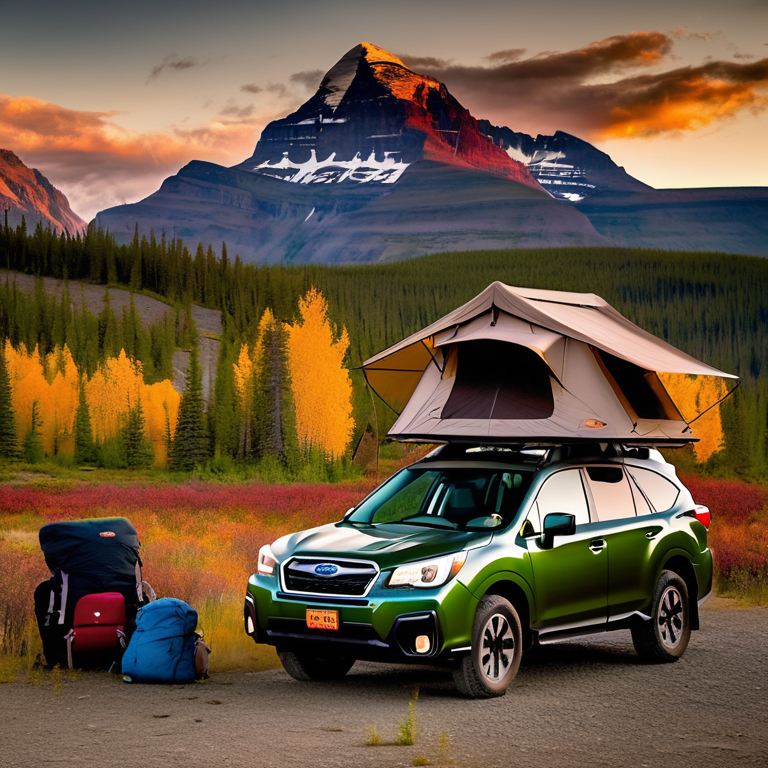 A green Subaru with an open rooftop tent rests beside a cozy campfire. Golden light shines over the dirt campsite, colorful fall trees, and tall mountains in Glacier National Park. A backpack sits nearby, ready for adventure.