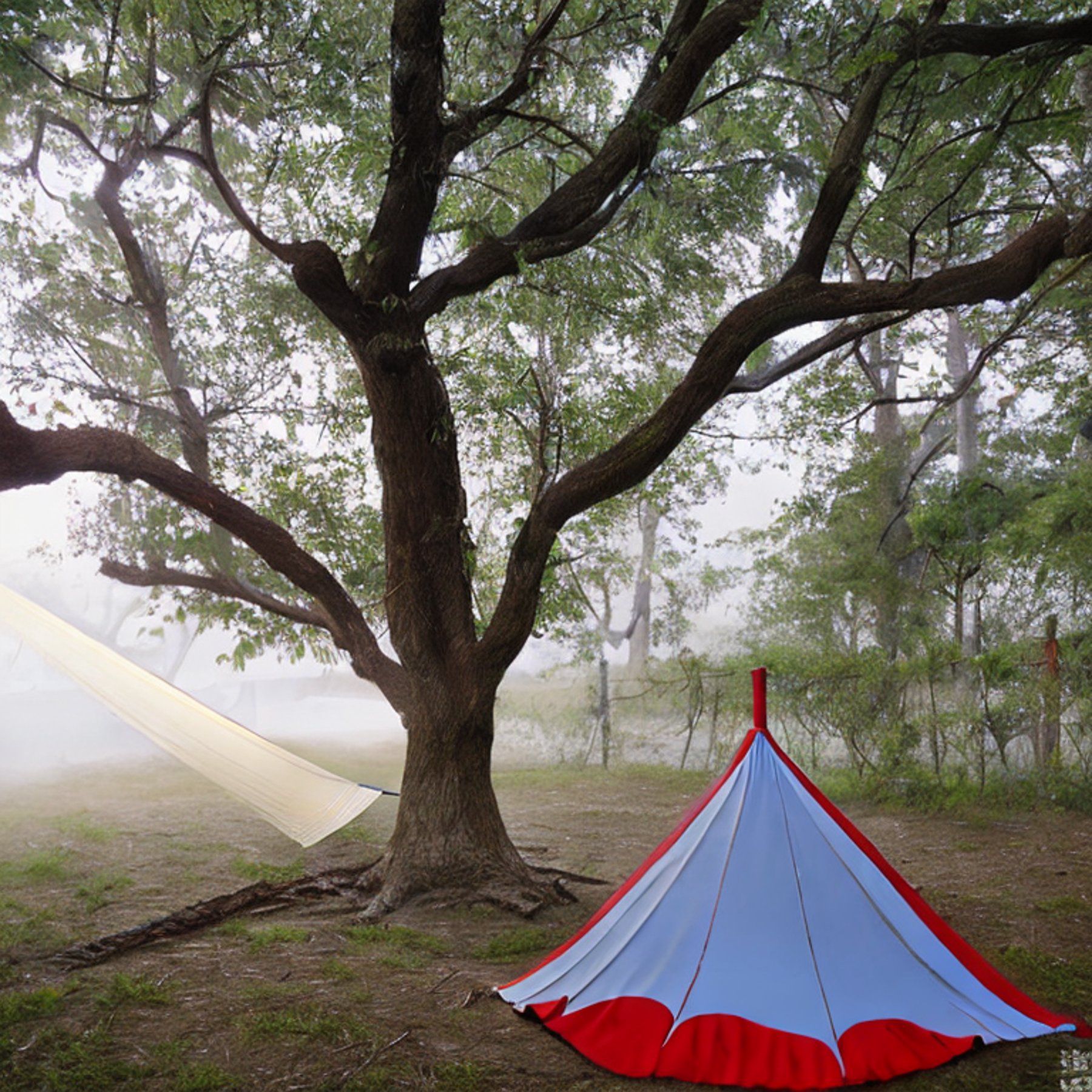 A bright red tent glows beside a warm campfire at dusk in Biscayne National Park. Misty air, tall trees, and a hanging hammock create a quiet, cozy mood. A small dirt clearing and fallen twigs complete the peaceful campsite.