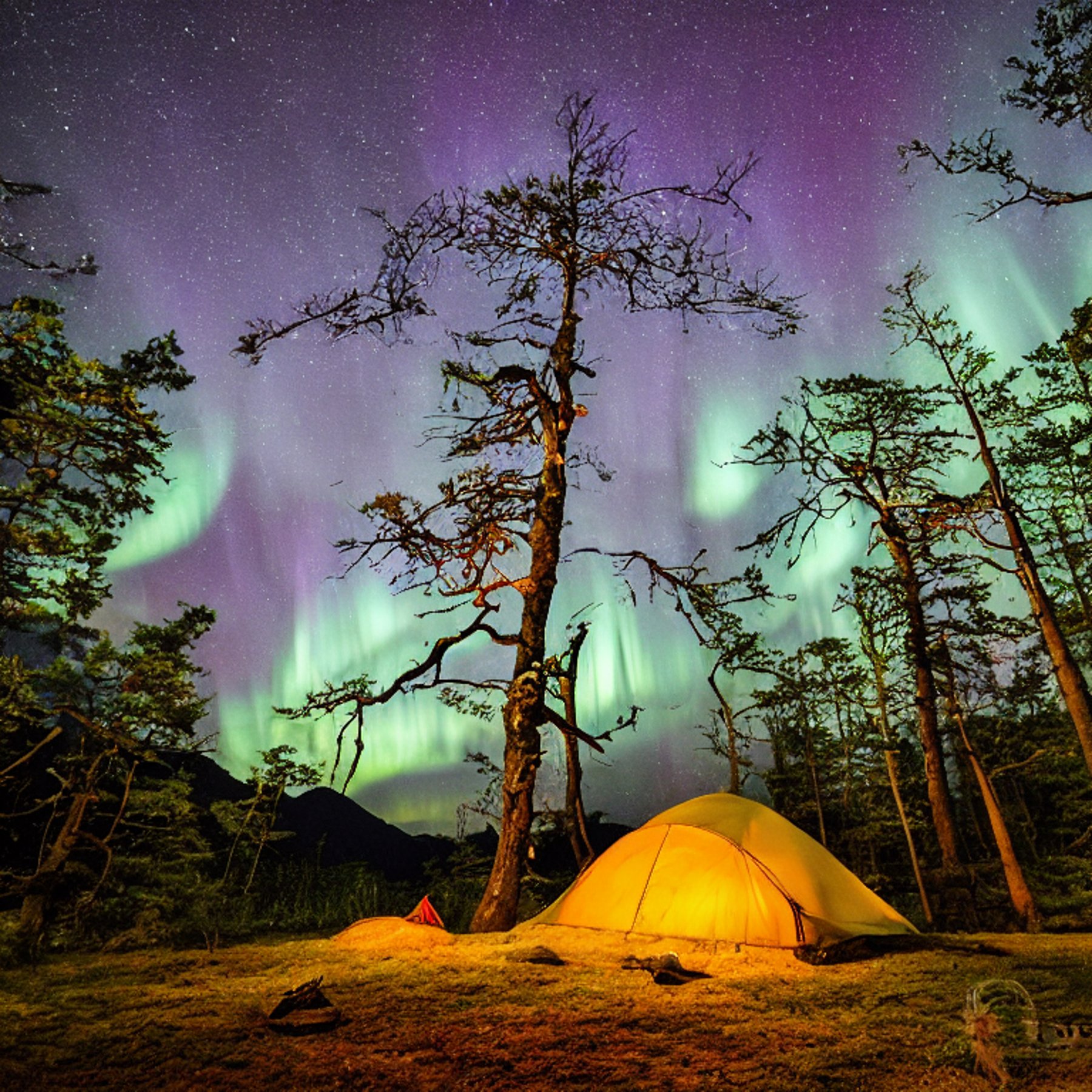 A white tent rests on a quiet dirt clearing beneath moss-covered trees in Miyajima, Japan. Above, bright northern lights glow through the stormy night sky. A hammock hangs nearby, while a campfire warms the large log beside it.