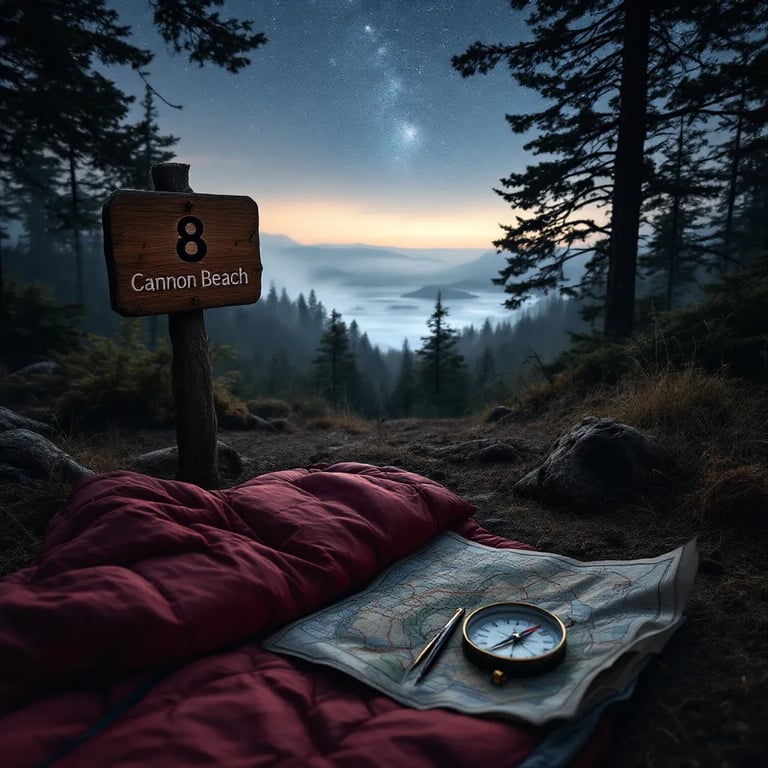 A burgundy sleeping bag rests on Cannon Beach beneath a misty morning sky. A compass sits on a map beside a wooden sign marked “8.” Through the trees, a few stars still shine above the quiet campsite.