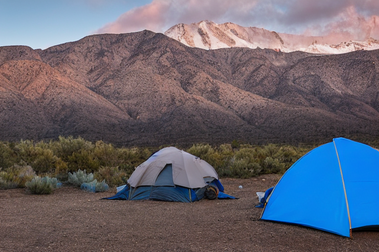 A gray and blue tent rests on a quiet campsite in the New Mexico desert. Hikers gather around a warm campfire as the sun sets behind the mountains. Small flowers brighten the sandy ground beneath the clear evening sky.