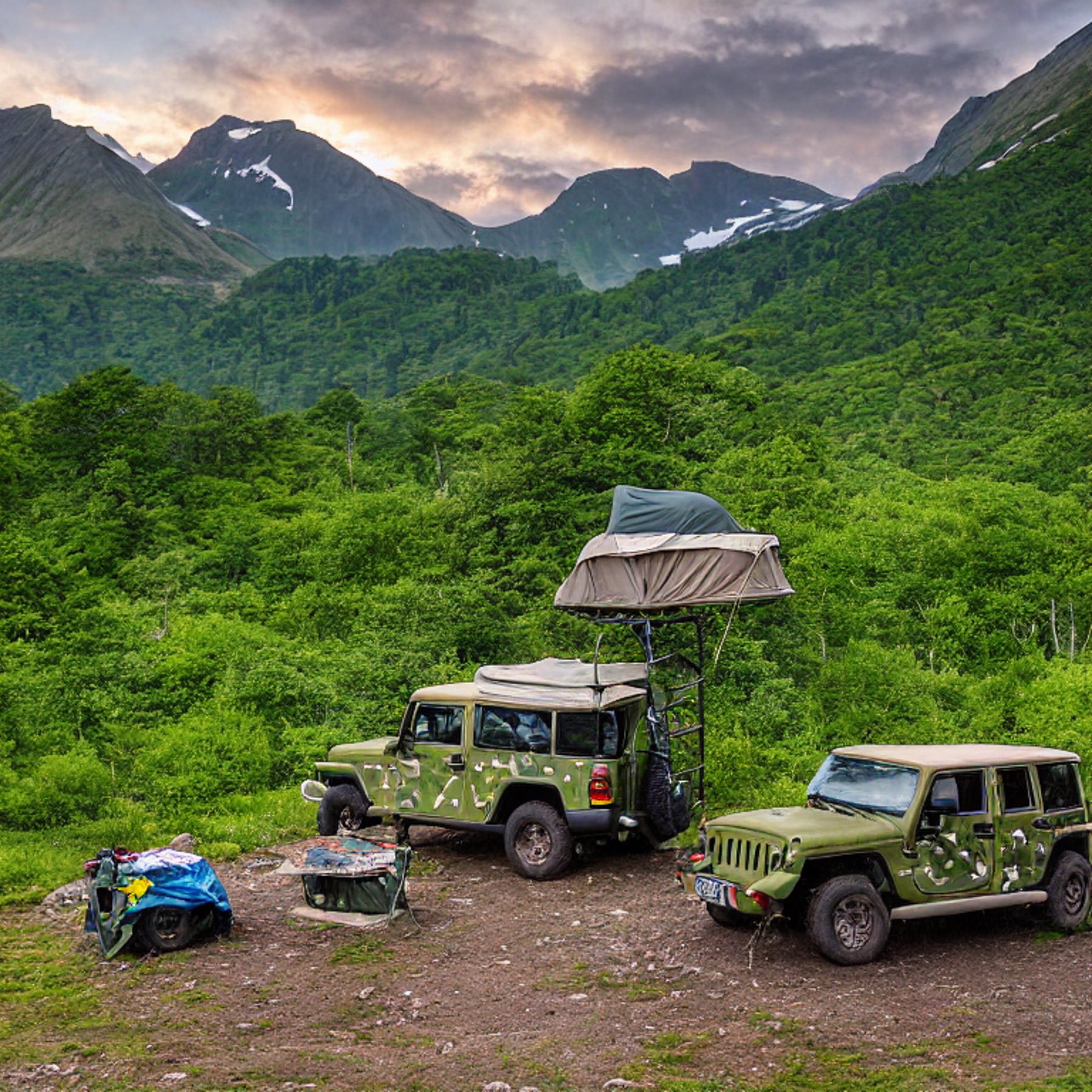 A green camo Jeep with an open rooftop tent rests at a quiet campsite in the Valley of Flowers. Sunrise warms the mountains, clear sky, rough ground, and nearby camping chairs.